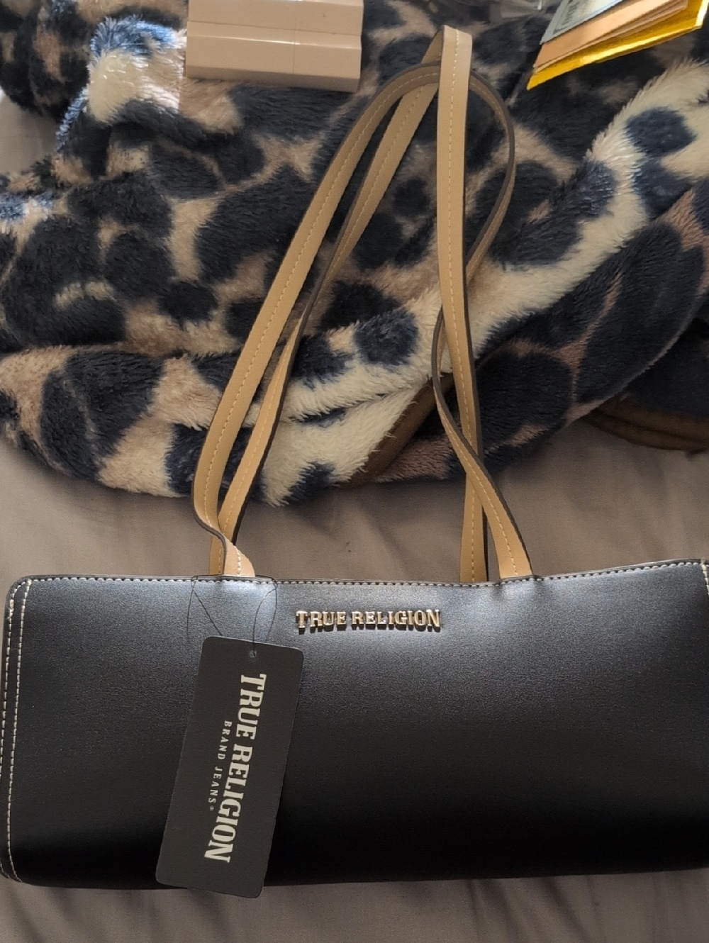 True Religion Black Shoulder Bag with Tan Straps